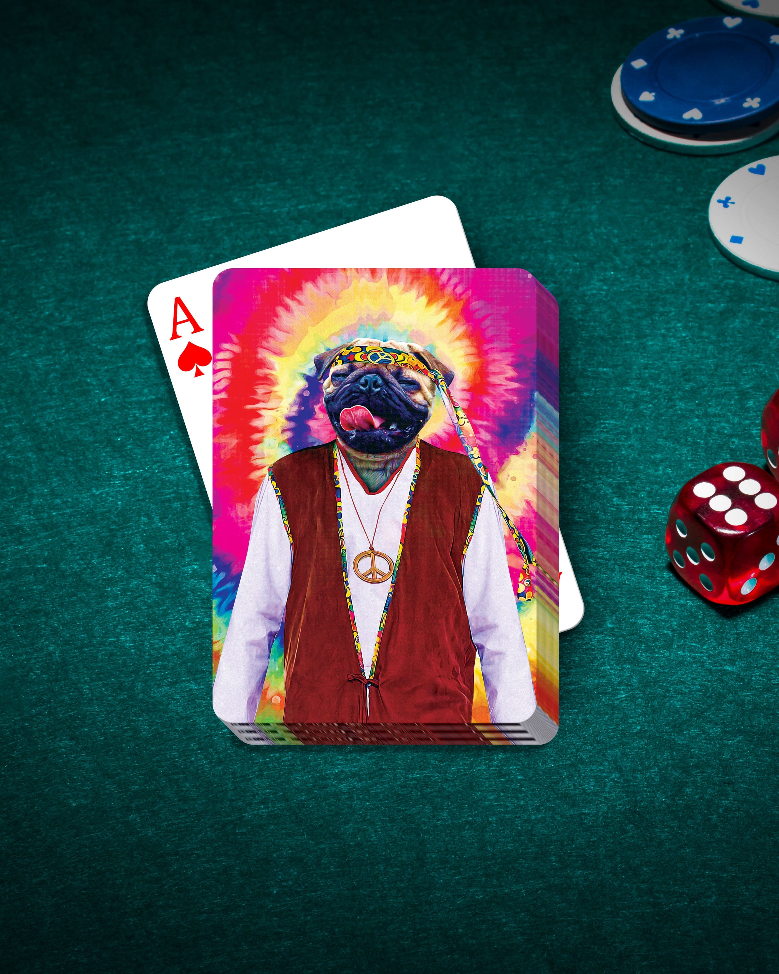 Personalized playing cards featuring a pug in a "Hippie (Male)" costume with a tie-dye background.