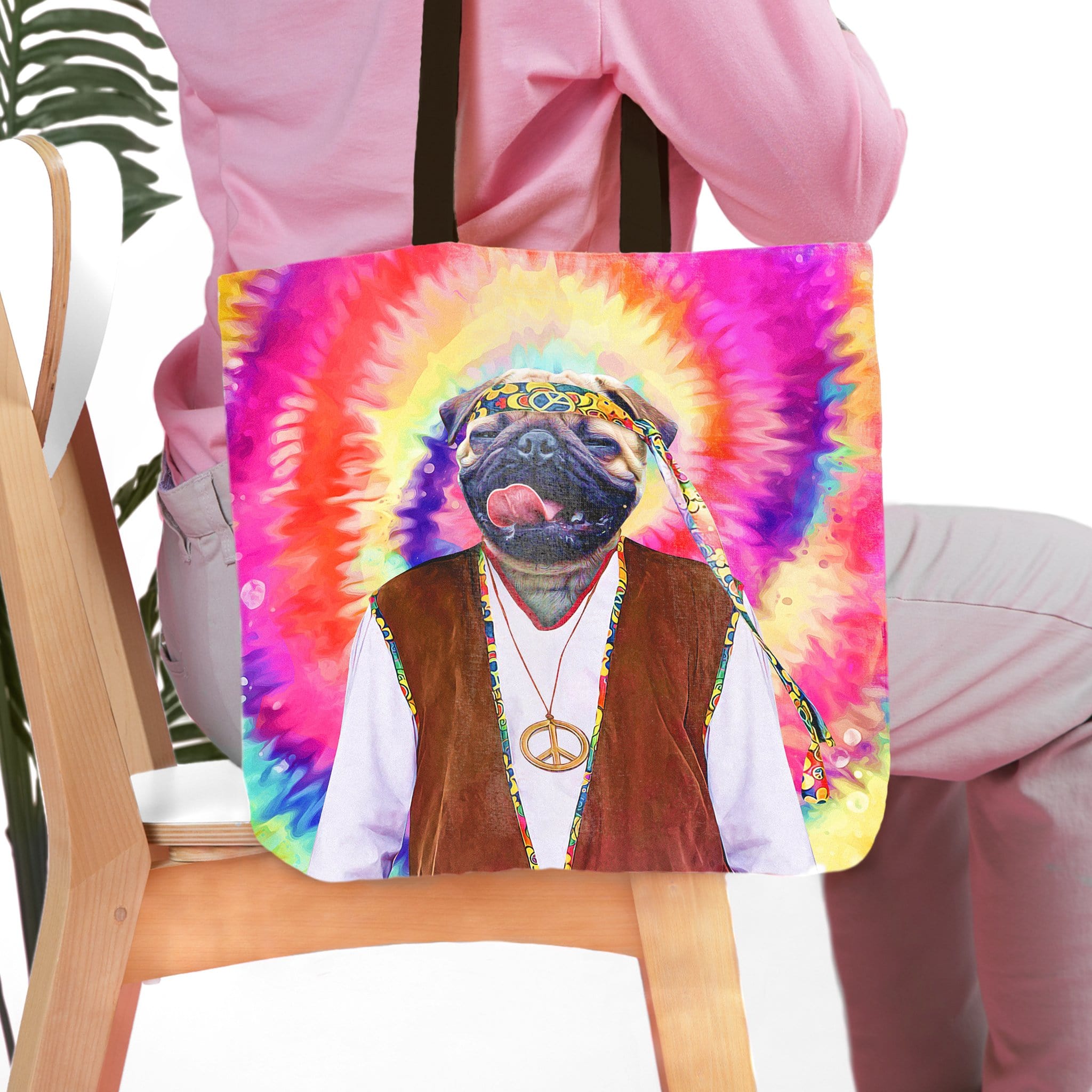 Personalized 'The Hippie (Male)' pet portrait tote bag with a pug in a tie-dye background.