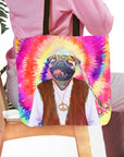 Personalized 'The Hippie (Male)' pet portrait tote bag with a pug in a tie-dye background.
