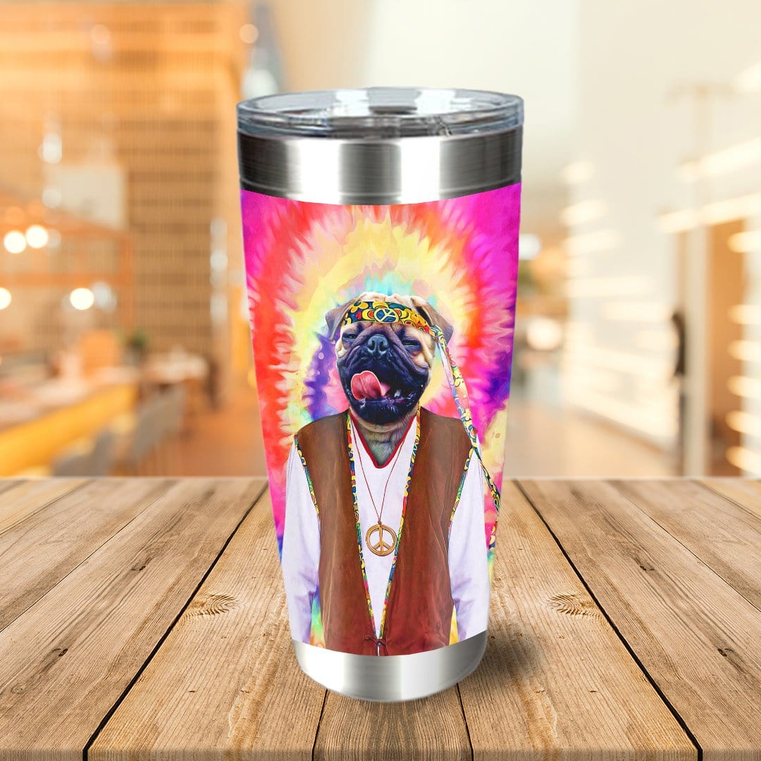 Personalized stainless steel tumbler with a custom pug pet portrait in a hippie costume and tie-dye background.