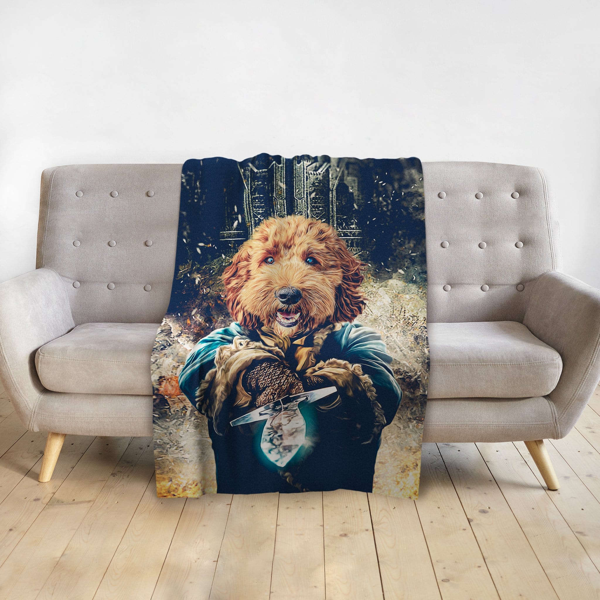 Personalized pet blanket with a custom renaissance-style portrait of a dog holding a sword.