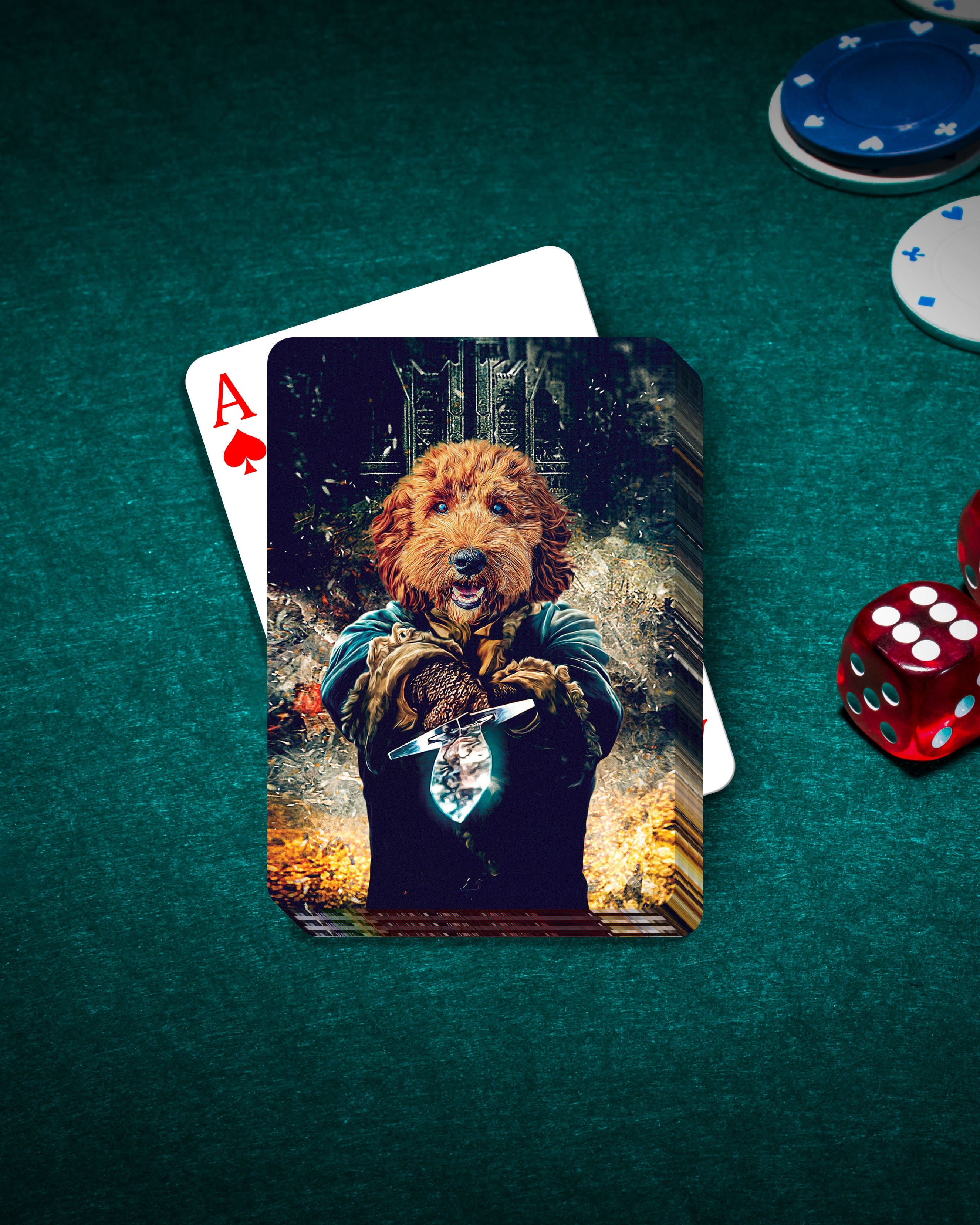 Personalized playing card featuring a dog in a renaissance-style portrait, on a green felt table with chips and dice.
