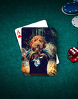 Personalized playing card featuring a dog in a renaissance-style portrait, on a green felt table with chips and dice.