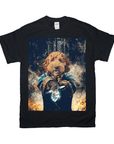Black Gildan t-shirt with a custom graphic of a dog's head on a human body holding a glowing crystal.