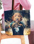 Personalized pet portrait tote bag featuring a dog in a royal renaissance style, dark background.