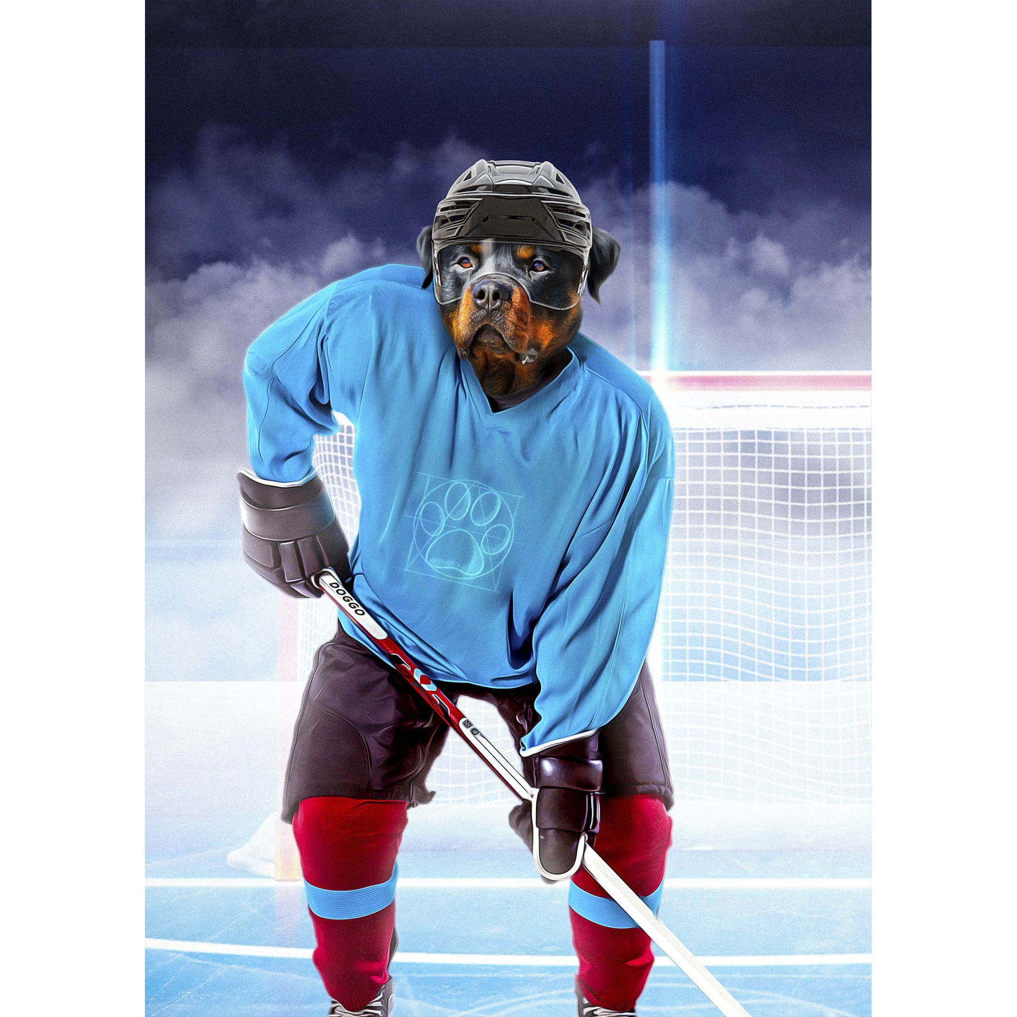 Custom digital portrait of a Rottweiler dog as a hockey player in a blue jersey.
