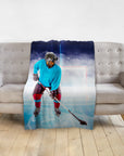 Personalized pet blanket featuring a dog's face on a hockey player in a blue jersey on an ice rink.