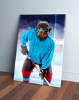 Personalized pet canvas featuring a Rottweiler in hockey gear, blue jersey, helmet, and stick, on ice.