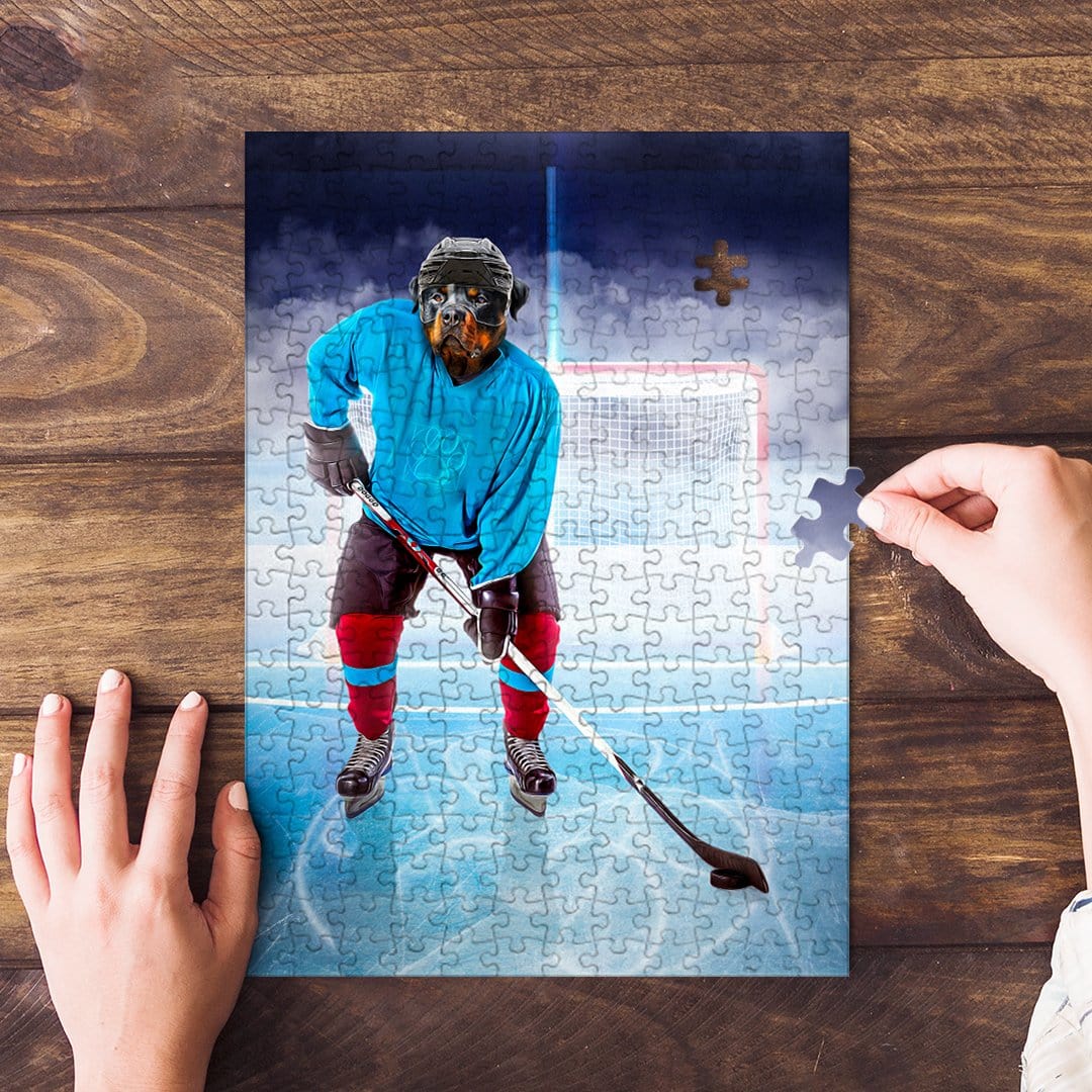 Personalized pet puzzle featuring a dog's head on a hockey player's body, on a wooden table.