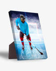 Personalized pet hockey player standing canvas featuring a Doberman in a blue jersey on an ice rink.