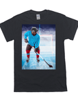 Black Gildan t-shirt with a brown dog in hockey gear on an ice rink, holding a stick.