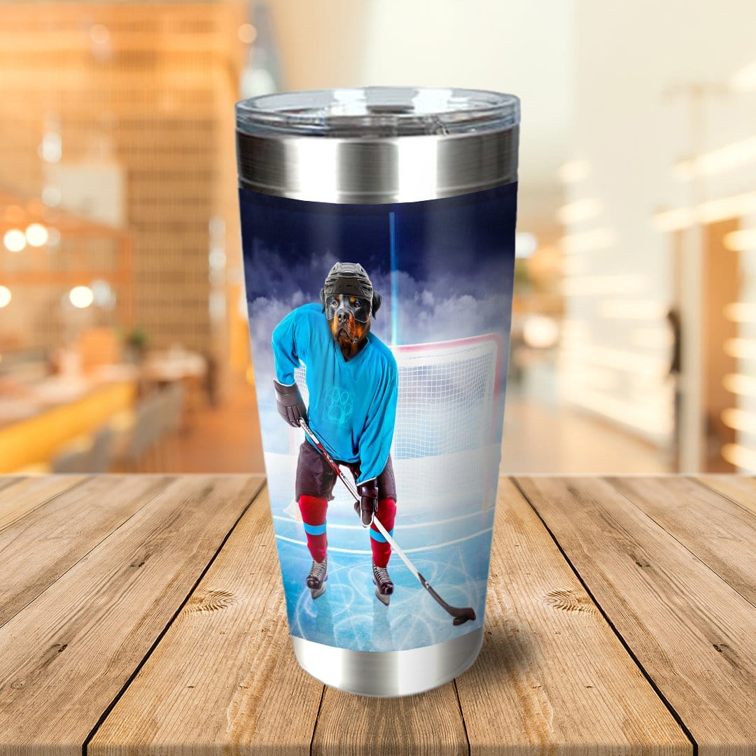 Personalized stainless steel tumbler with a custom pet portrait of a dog as a hockey player.