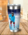 Personalized stainless steel tumbler with a custom pet portrait of a dog as a hockey player.