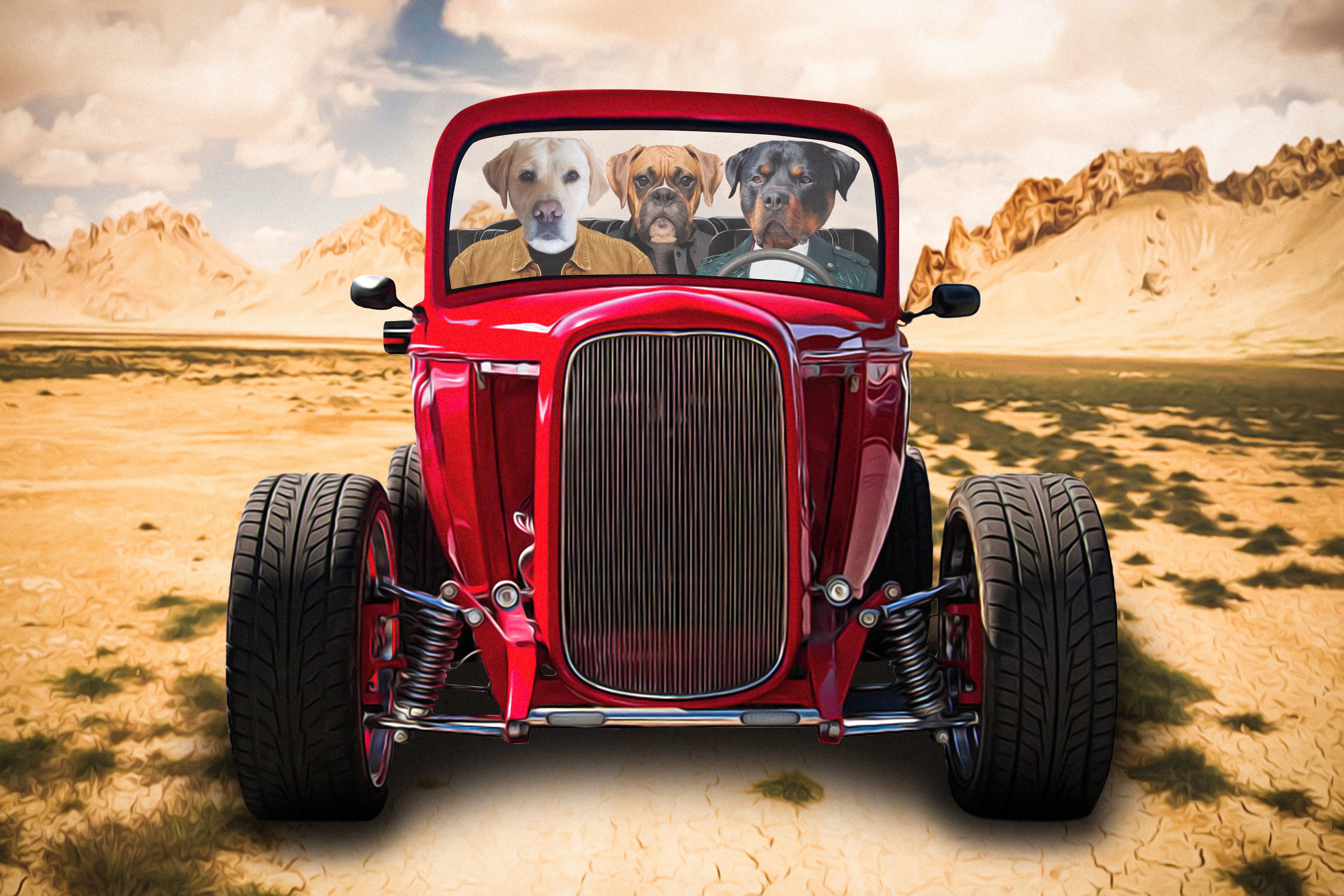 Custom digital portrait of three pets in a red hot rod, cartoon style.