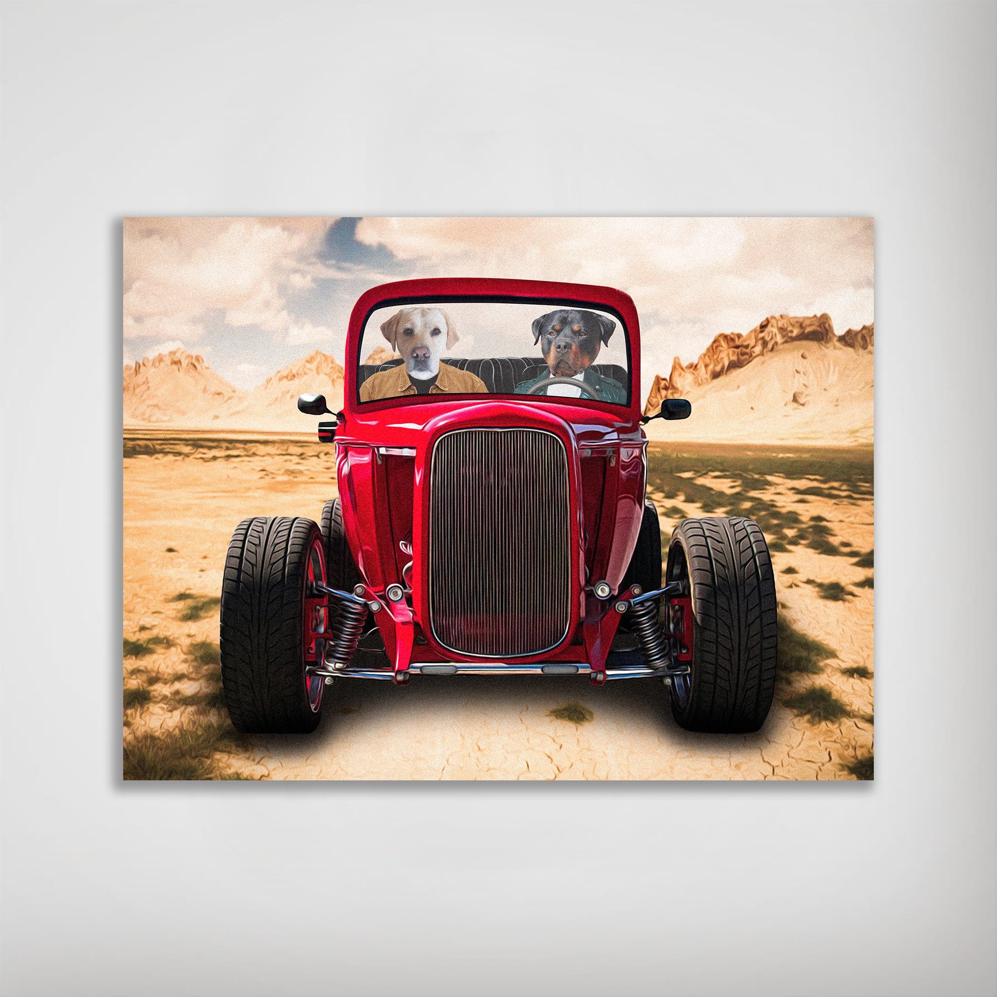 Personalized 'The Hot Rod' poster featuring two pets in a red vintage car in a desert landscape.