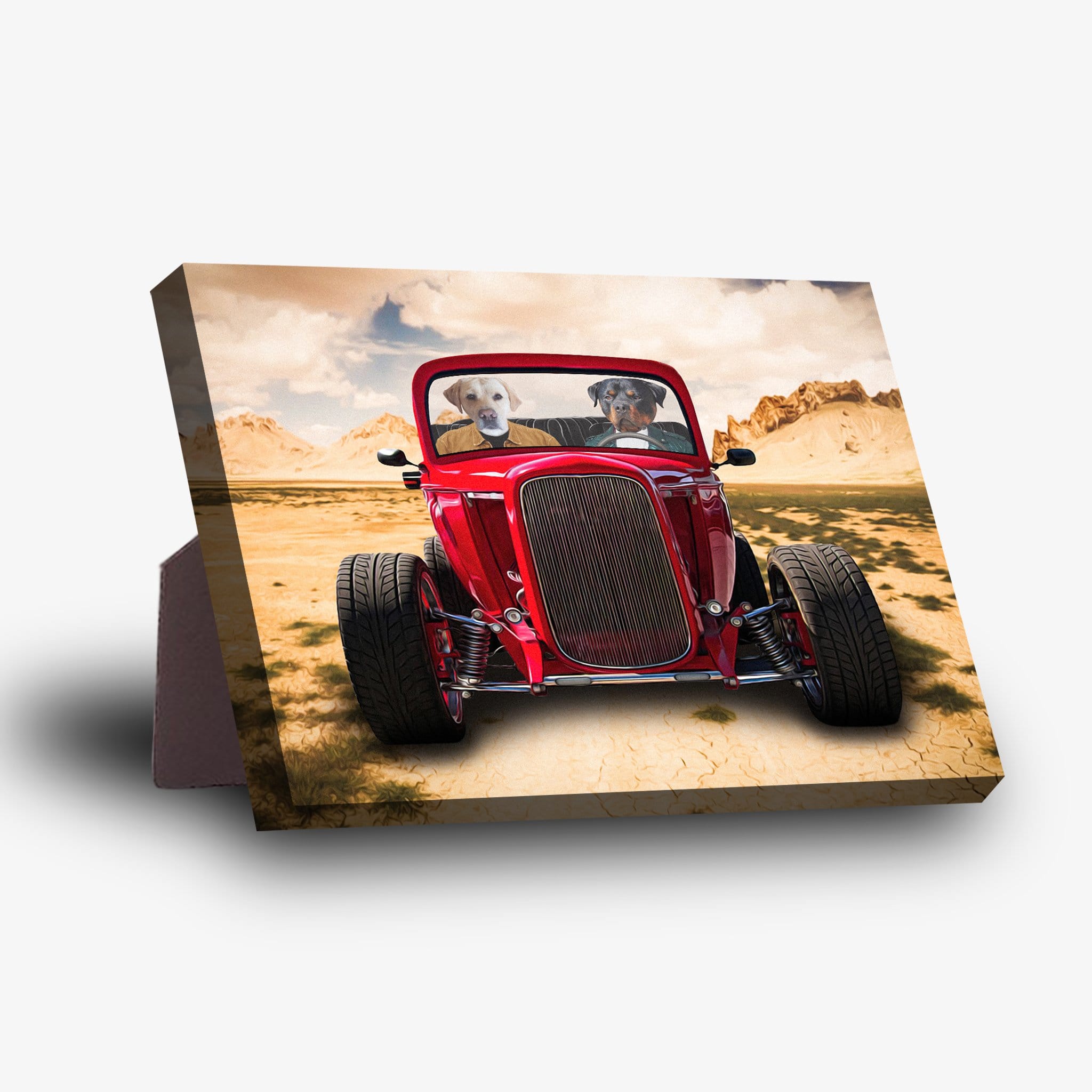 Personalized 'The Hot Rod' standing canvas featuring two pets in a red vintage car in a desert landscape.