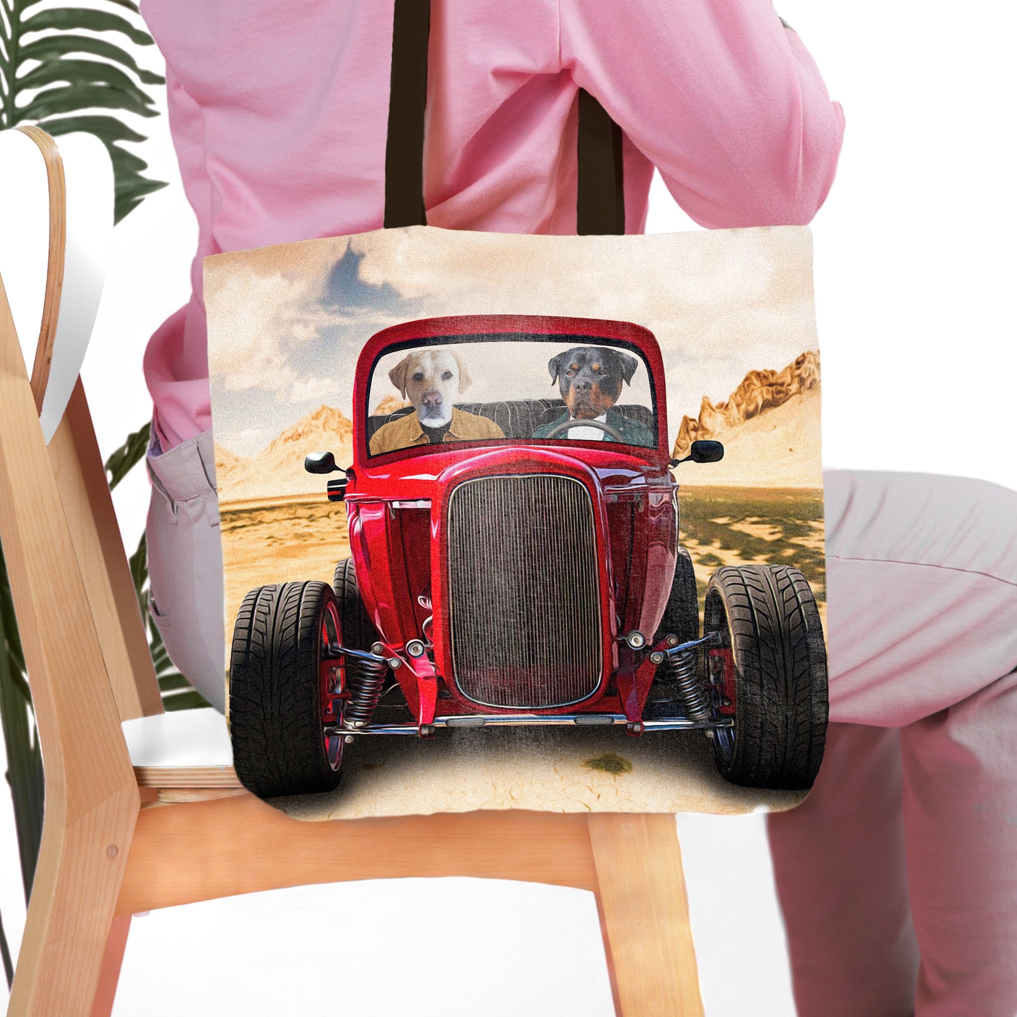 Personalized 2 pet tote bag with dogs in a red hot rod car, cartoon style.