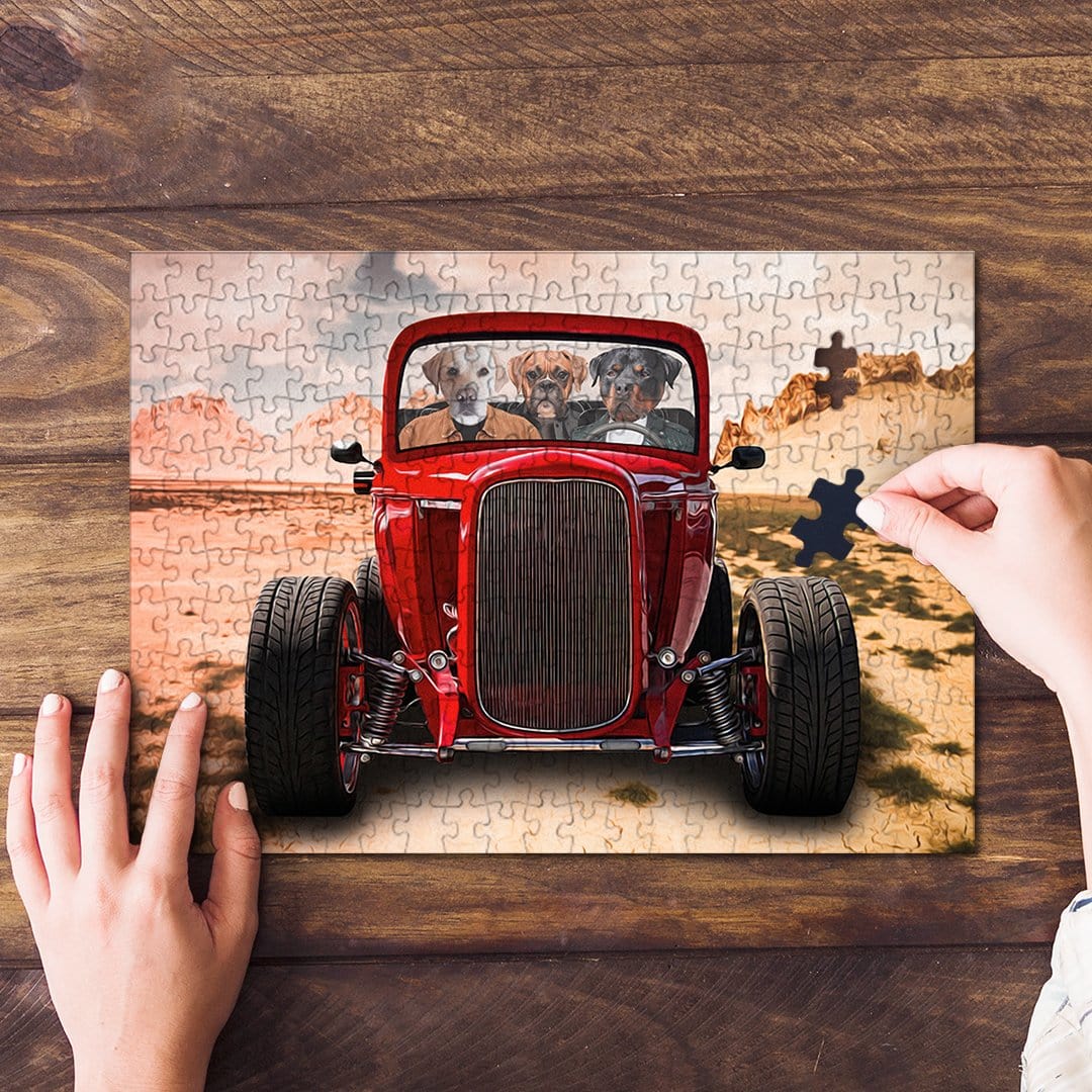 Personalized 3 pet puzzle featuring dogs in a red hot rod, with hands assembling pieces.