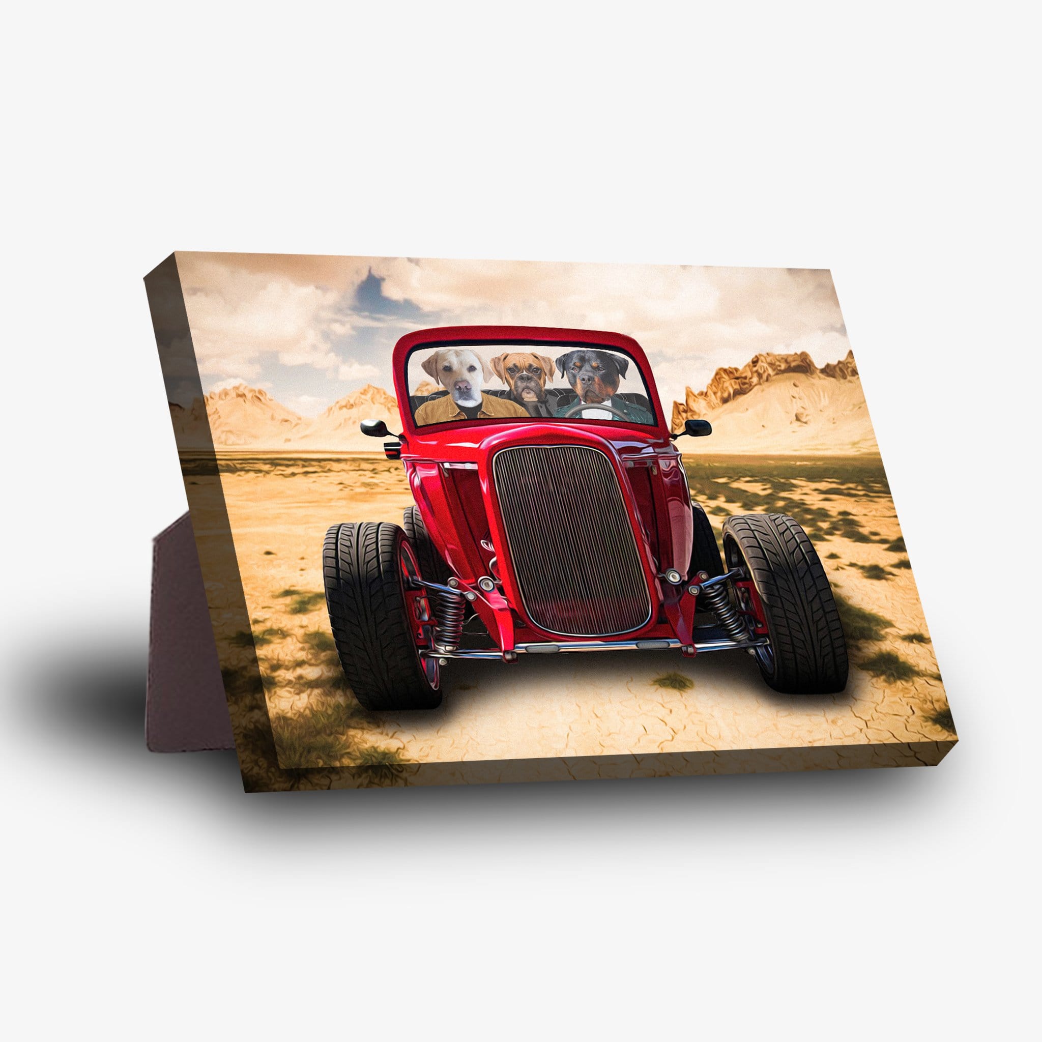 Personalized 3-pet "Hot Rod" standing canvas featuring dogs in a red vintage car in a desert landscape.