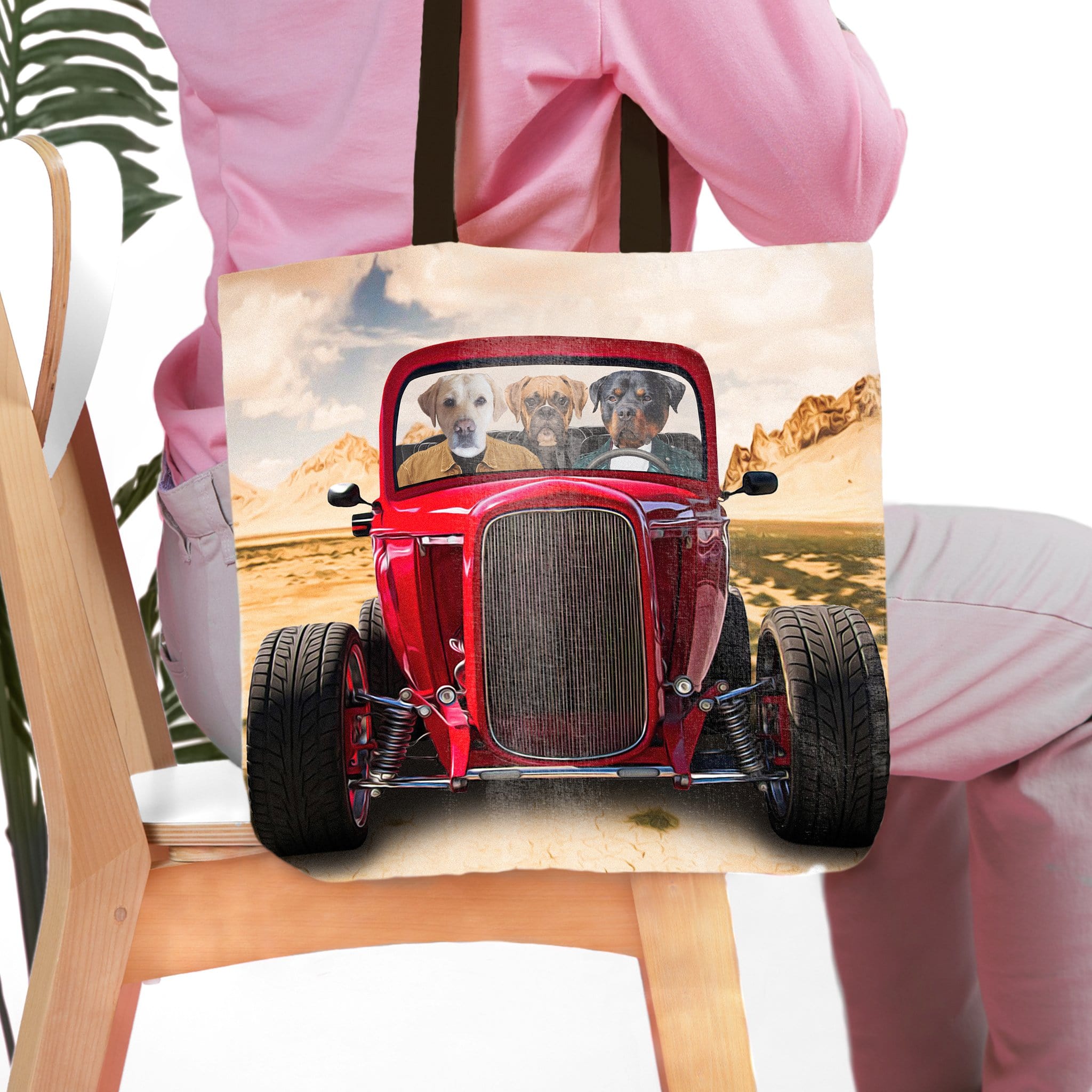 Personalized 3 pet tote bag with dogs in a red hot rod, desert background.