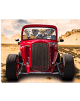 Four pets in a red vintage hot rod canvas, driving through a desert landscape.