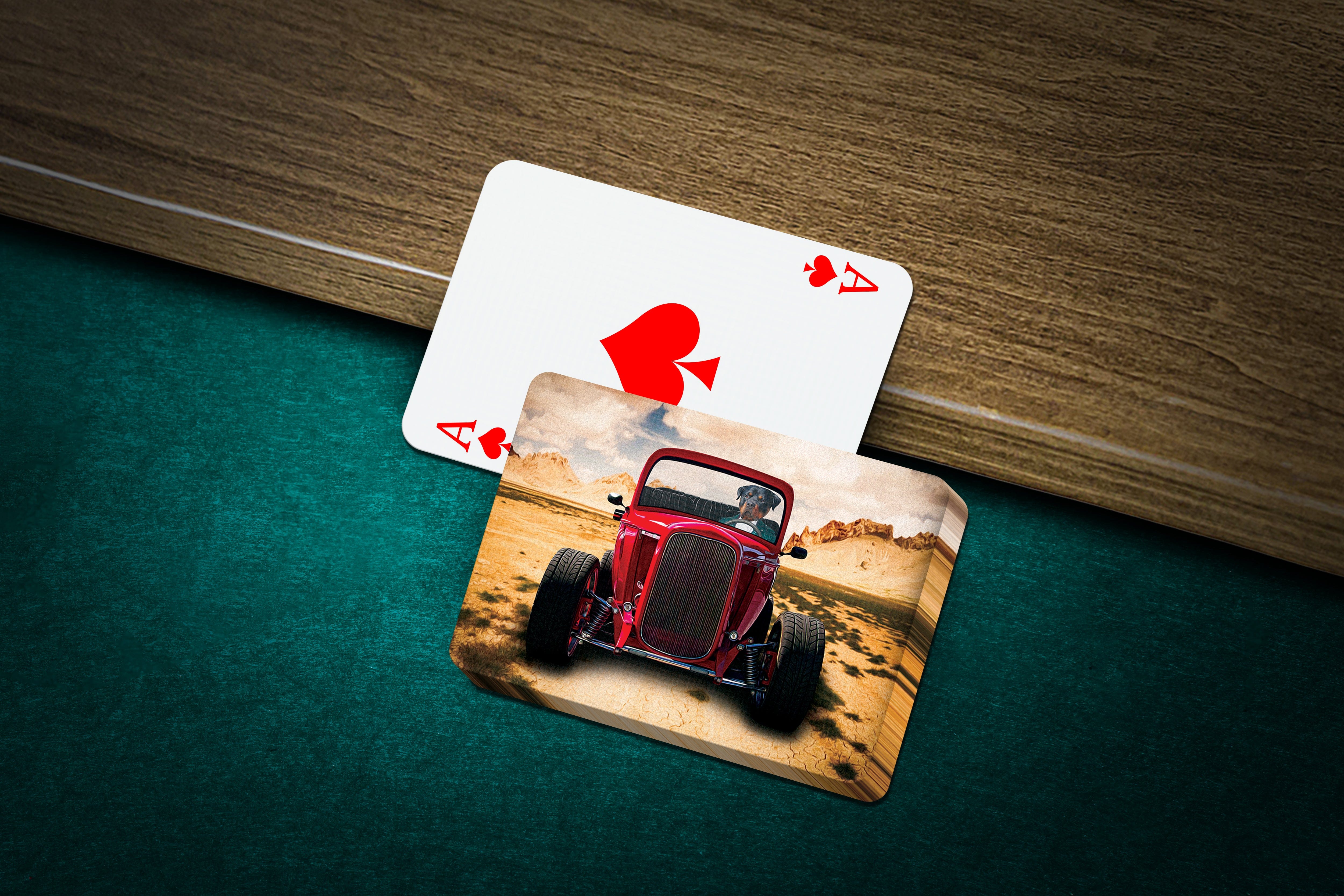 Custom pet playing cards with a dog in a red hot rod, Ace of Spades visible.