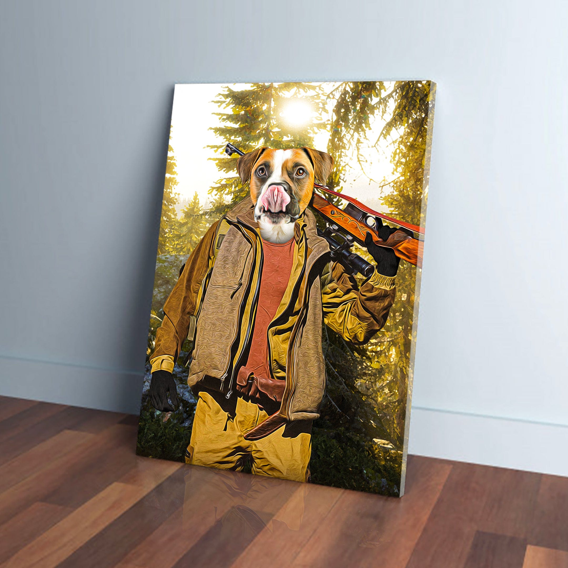 Personalized pet canvas featuring a dog's head on a hunter's body in a forest, with a rifle.