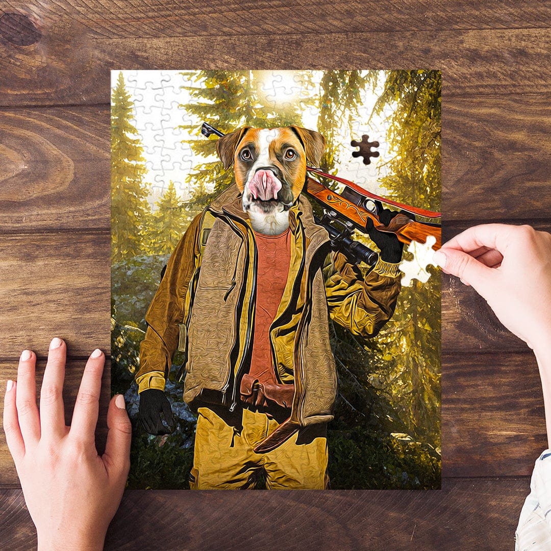 Personalized pet puzzle featuring a dog's face on a hunter's body in a forest, with hands assembling it.