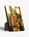 Personalized pet standing canvas featuring a boxer dog's head on a hunter's body in a forest, with a pre-attached stand.