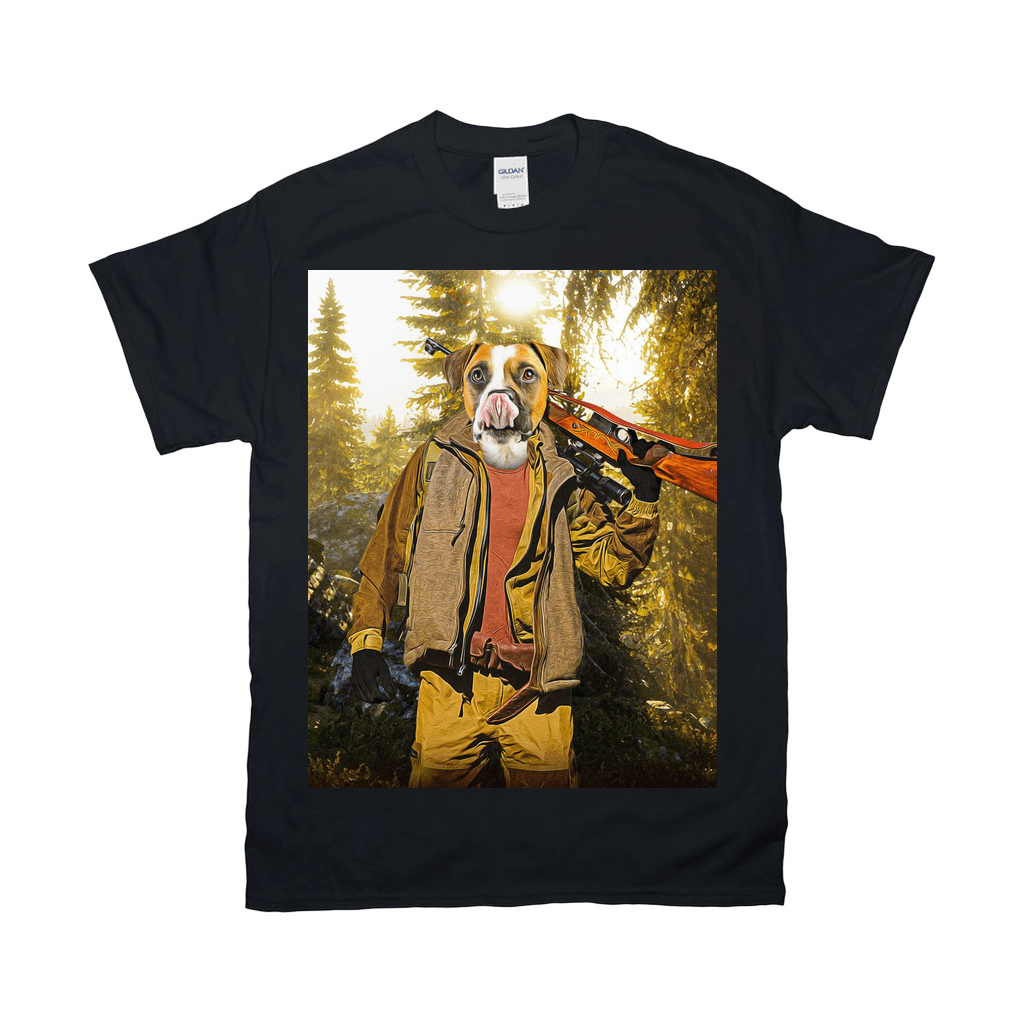 Black Gildan t-shirt with a boxer dog's head on a human body holding a rifle in a forest.