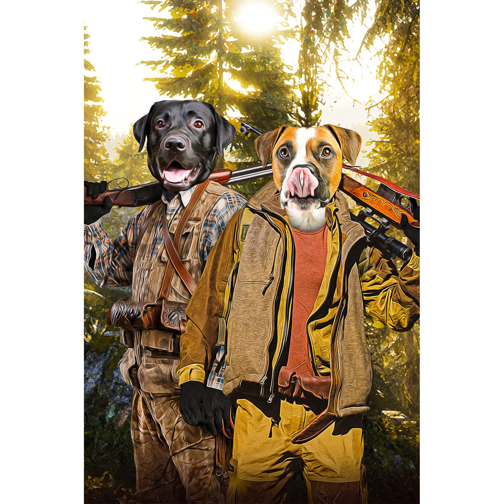 Custom digital portrait of two pets as hunters in a forest, a black lab and a boxer mix.