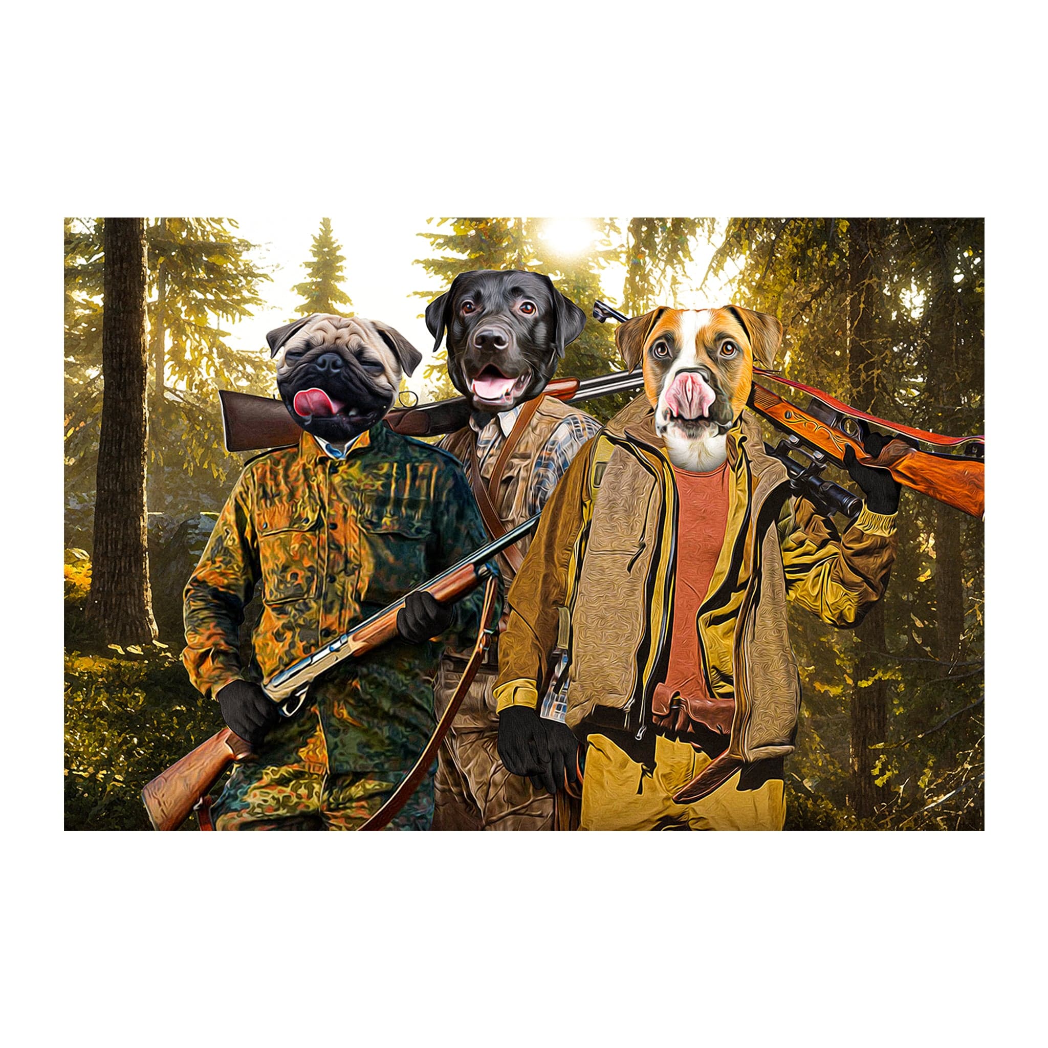 Custom digital portrait of three pets (pug, labrador, boxer) as hunters in a forest.