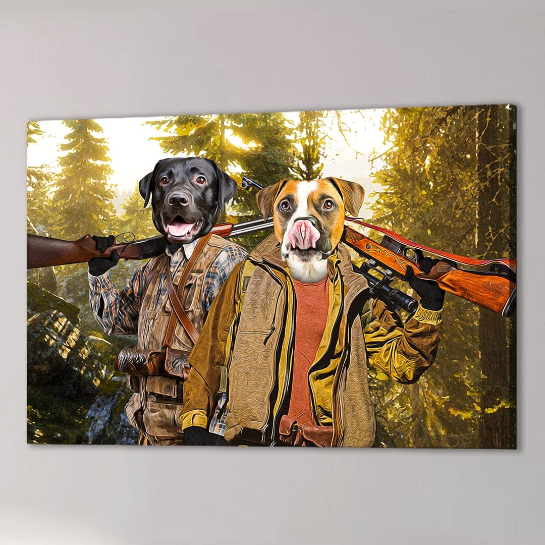 Custom canvas print of two dogs dressed as hunters with rifles in a sunlit forest.
