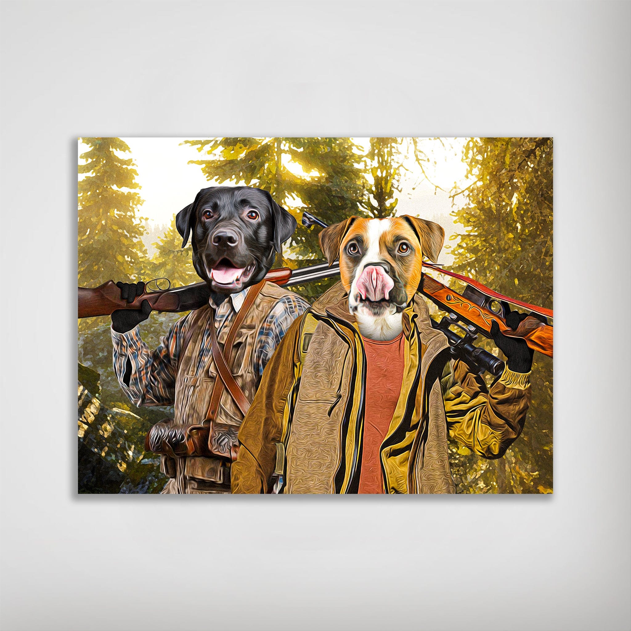 Personalized matte poster featuring two pets dressed as hunters with rifles in a forest setting.