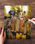 Personalized 2-pet puzzle featuring two dogs dressed as hunters in a forest, being assembled.