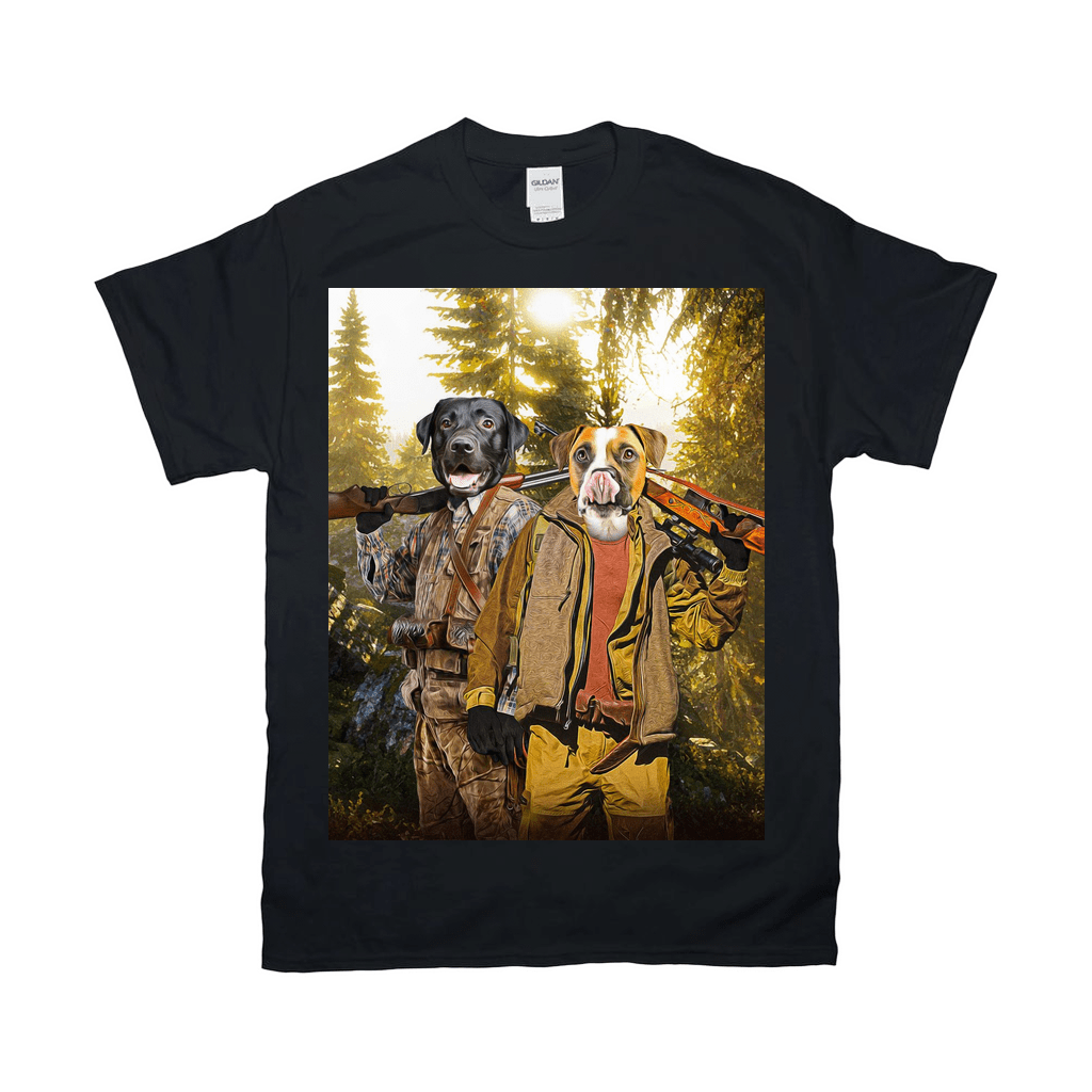 Black Gildan t-shirt featuring two dogs in hunting gear with rifles, standing in a sunlit forest.