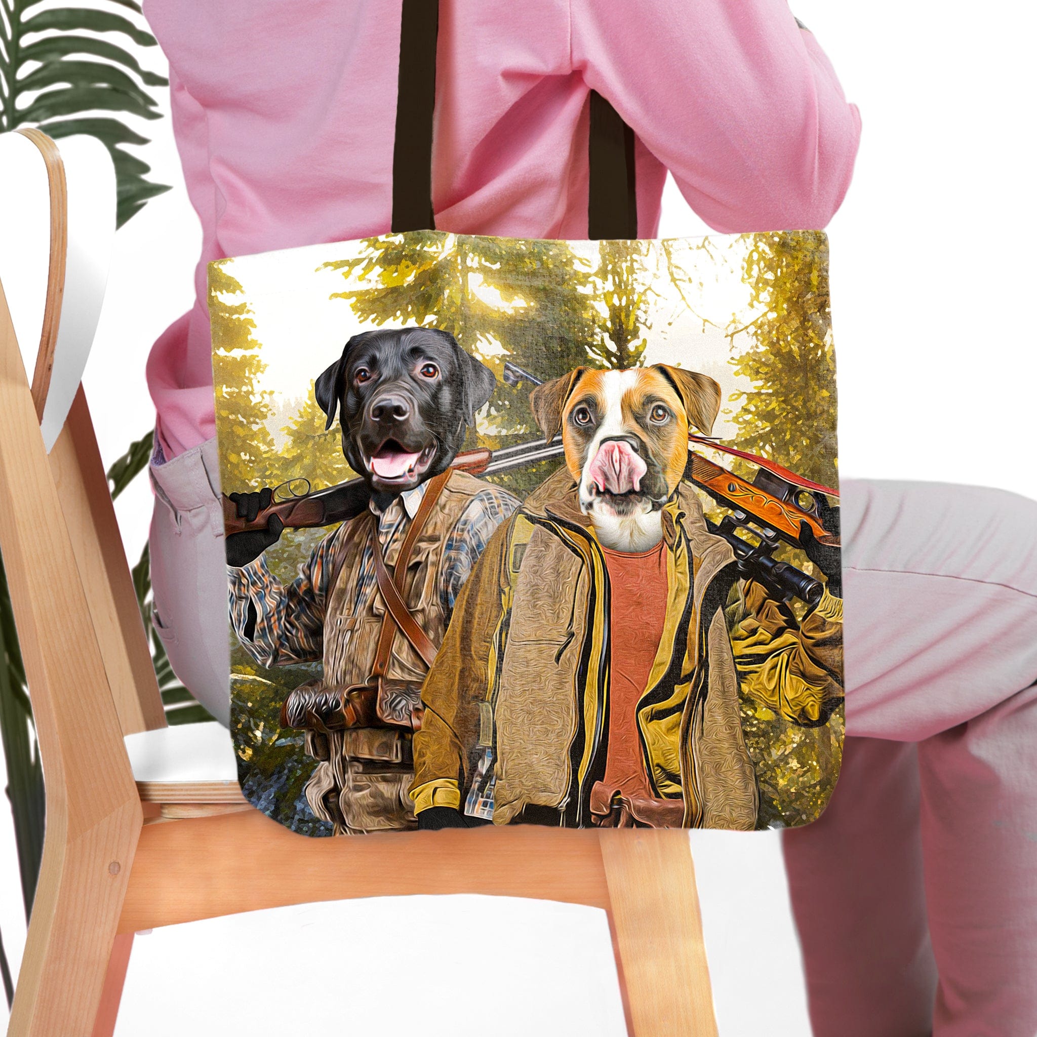 Personalized 2-pet 'Hunters' tote bag with custom dog portraits in a forest setting.