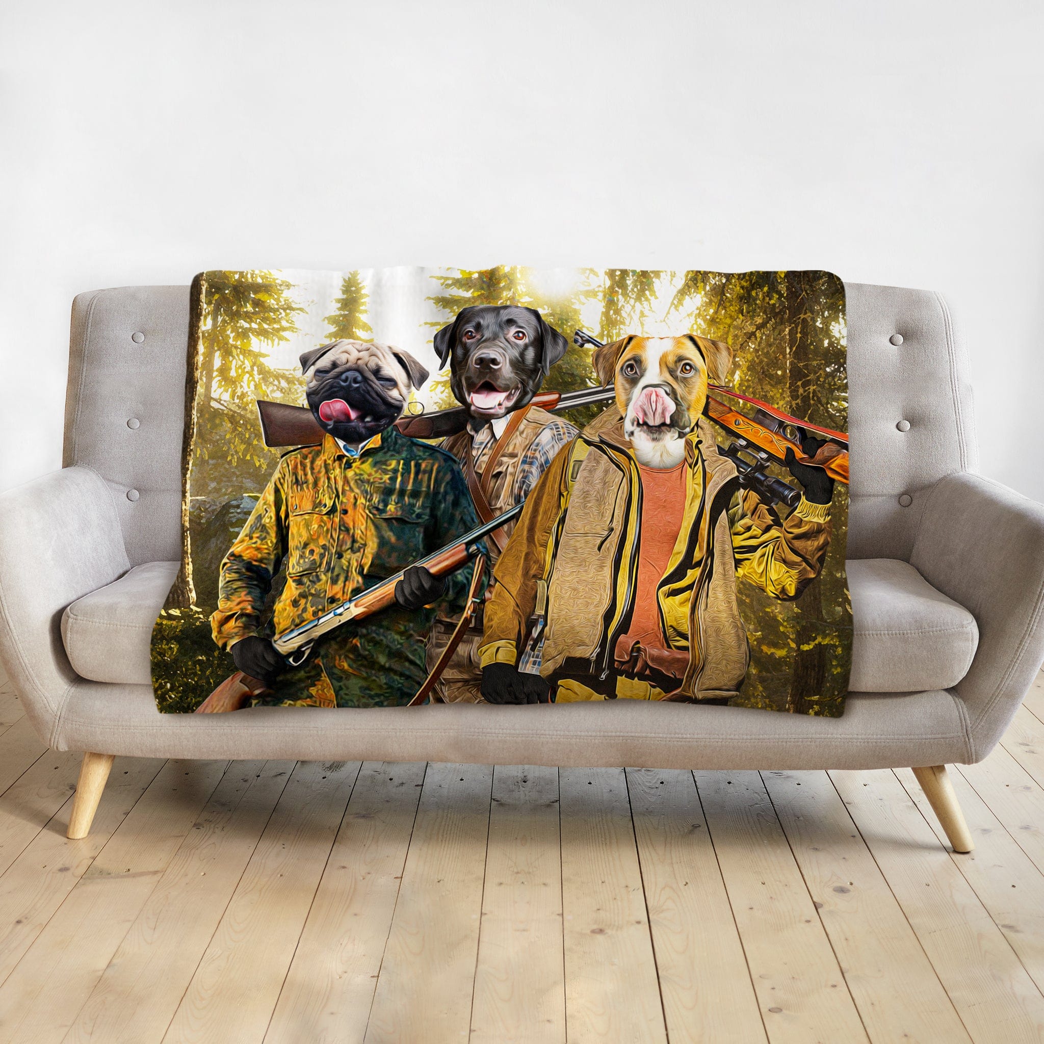 Personalized 3-pet hunting portrait blanket with a pug, black lab, and boxer in a forest.