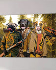 Personalized 3 pet canvas featuring a pug, black lab, and boxer in hunting attire with rifles in a forest.
