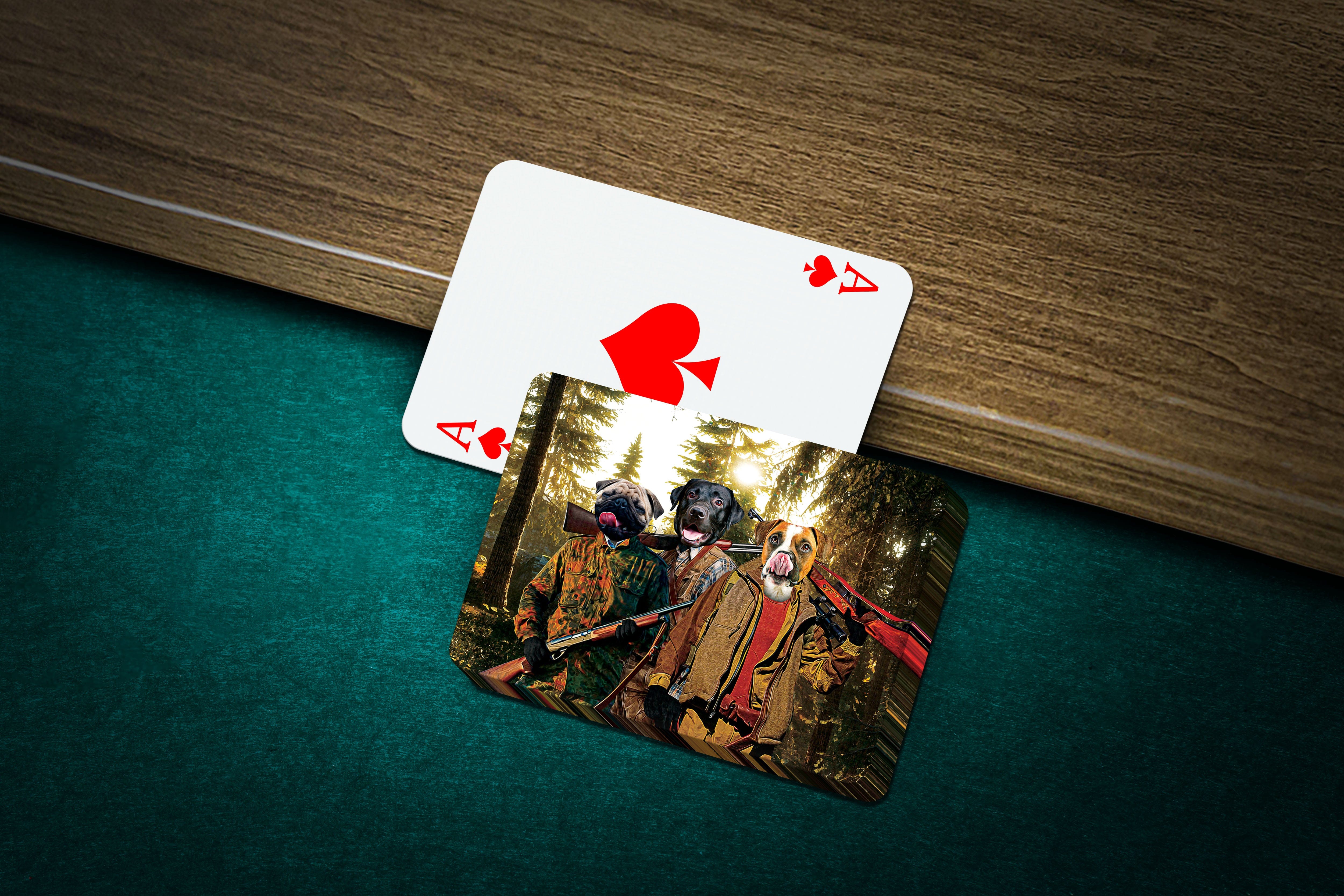 Personalized playing cards featuring three pets in a "Hunters" renaissance portrait style.