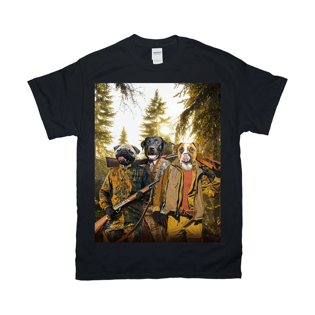 Black Gildan t-shirt featuring three dogs dressed as hunters with rifles in a forest.