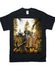 Black Gildan t-shirt featuring three dogs dressed as hunters with rifles in a forest.
