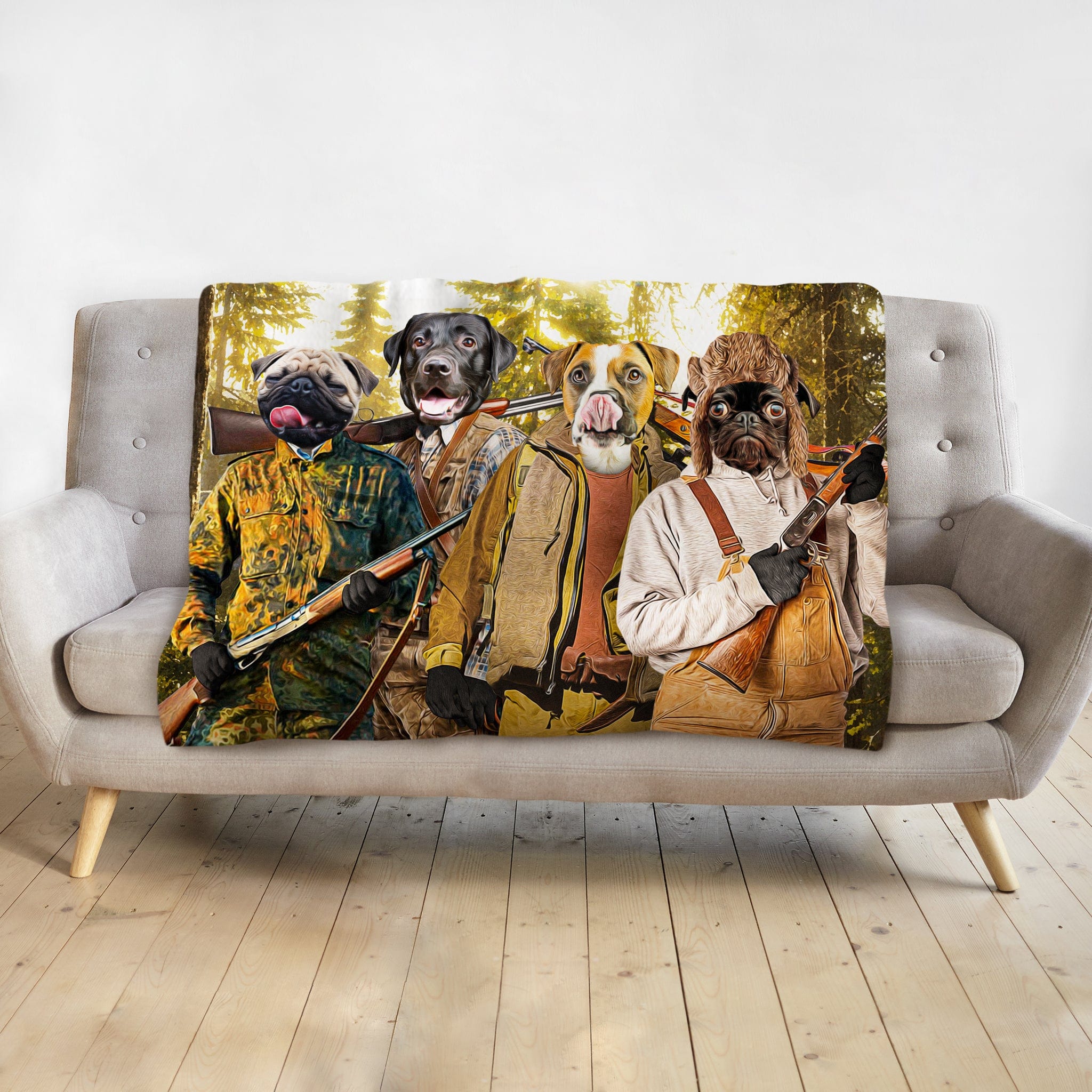 Personalized 4-pet hunting portrait blanket featuring a pug, black lab, pit bull, and another pug.