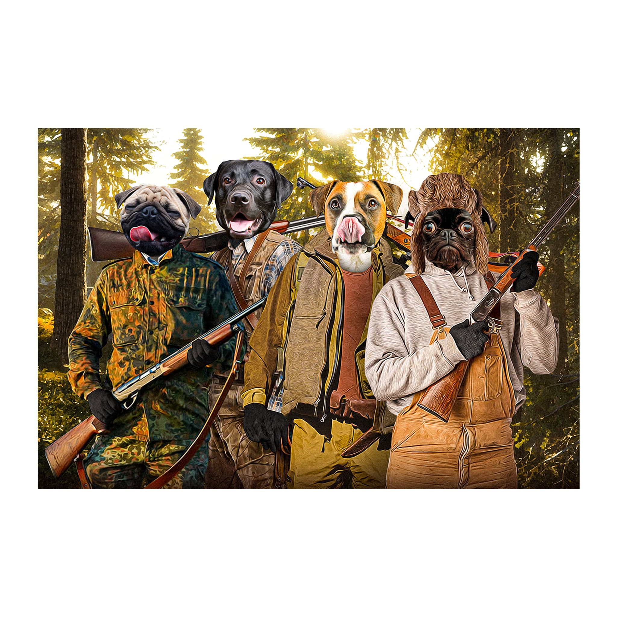 Personalized digital portrait of four pets as hunters in a forest.