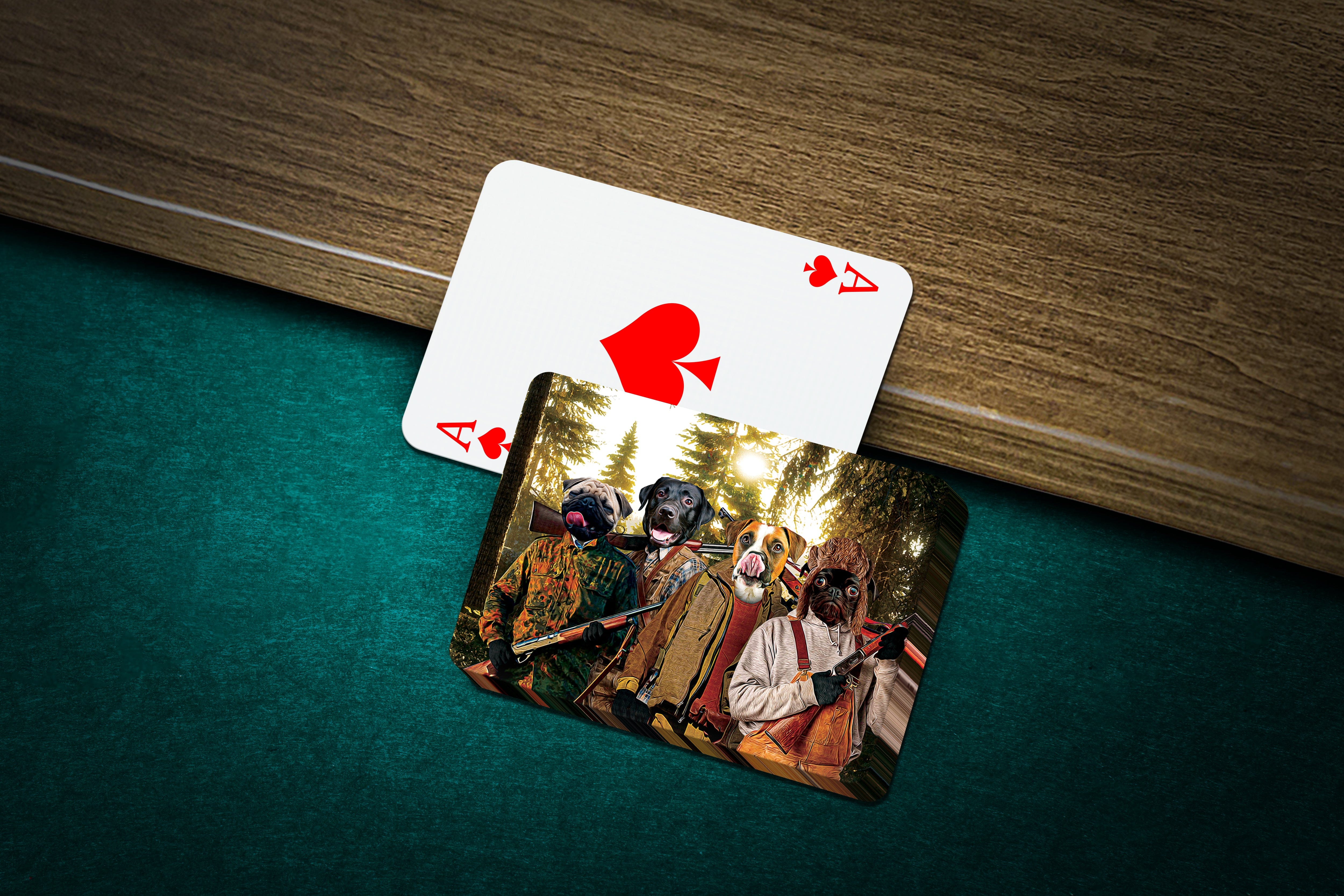 Personalized playing cards featuring four dogs in a "Hunters" themed custom portrait.
