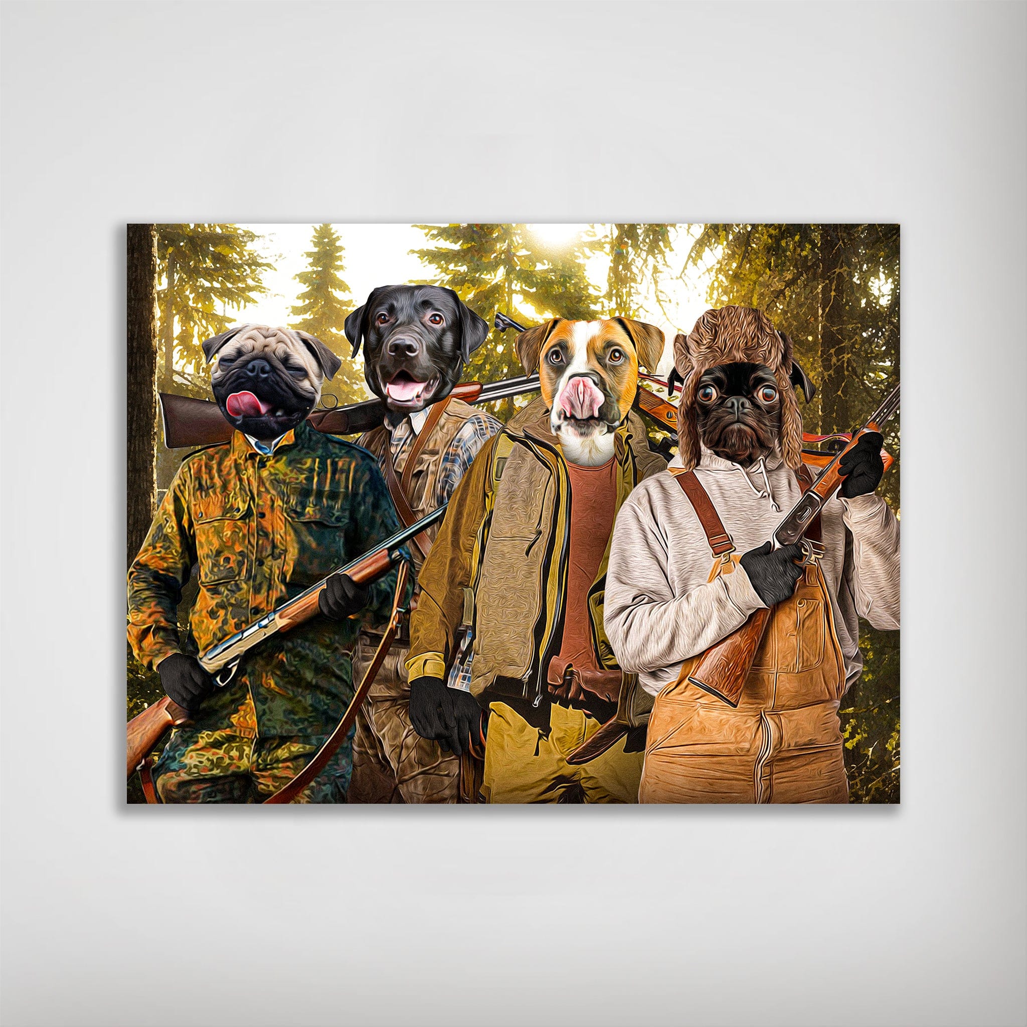 Personalized 'The Hunters' poster featuring four pets as hunters in a forest, matte finish.