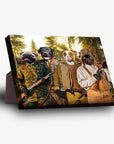 Personalized 'The Hunters' standing canvas featuring four pets in hunting attire with a forest background.