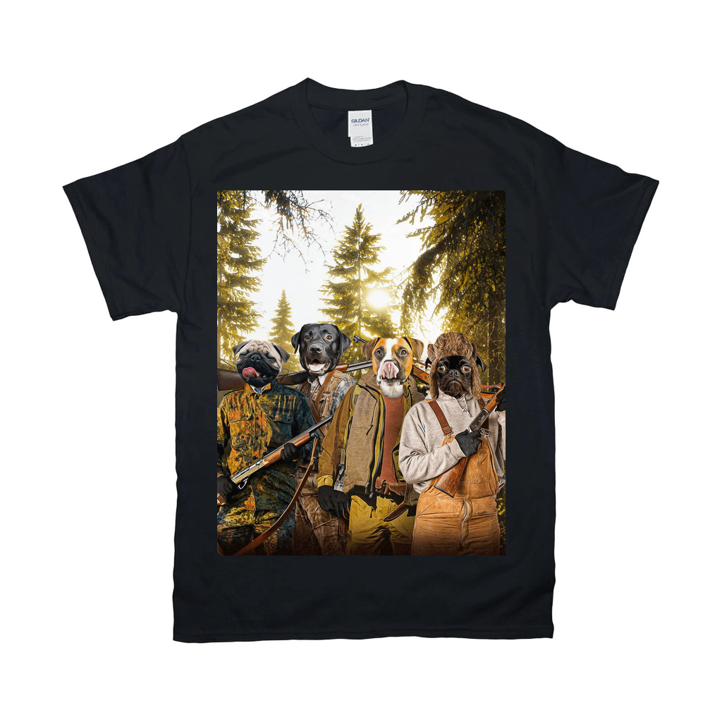 Black Gildan t-shirt with a custom print of four dogs dressed as hunters in a forest.