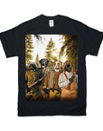 Black Gildan t-shirt with a custom print of four dogs dressed as hunters in a forest.