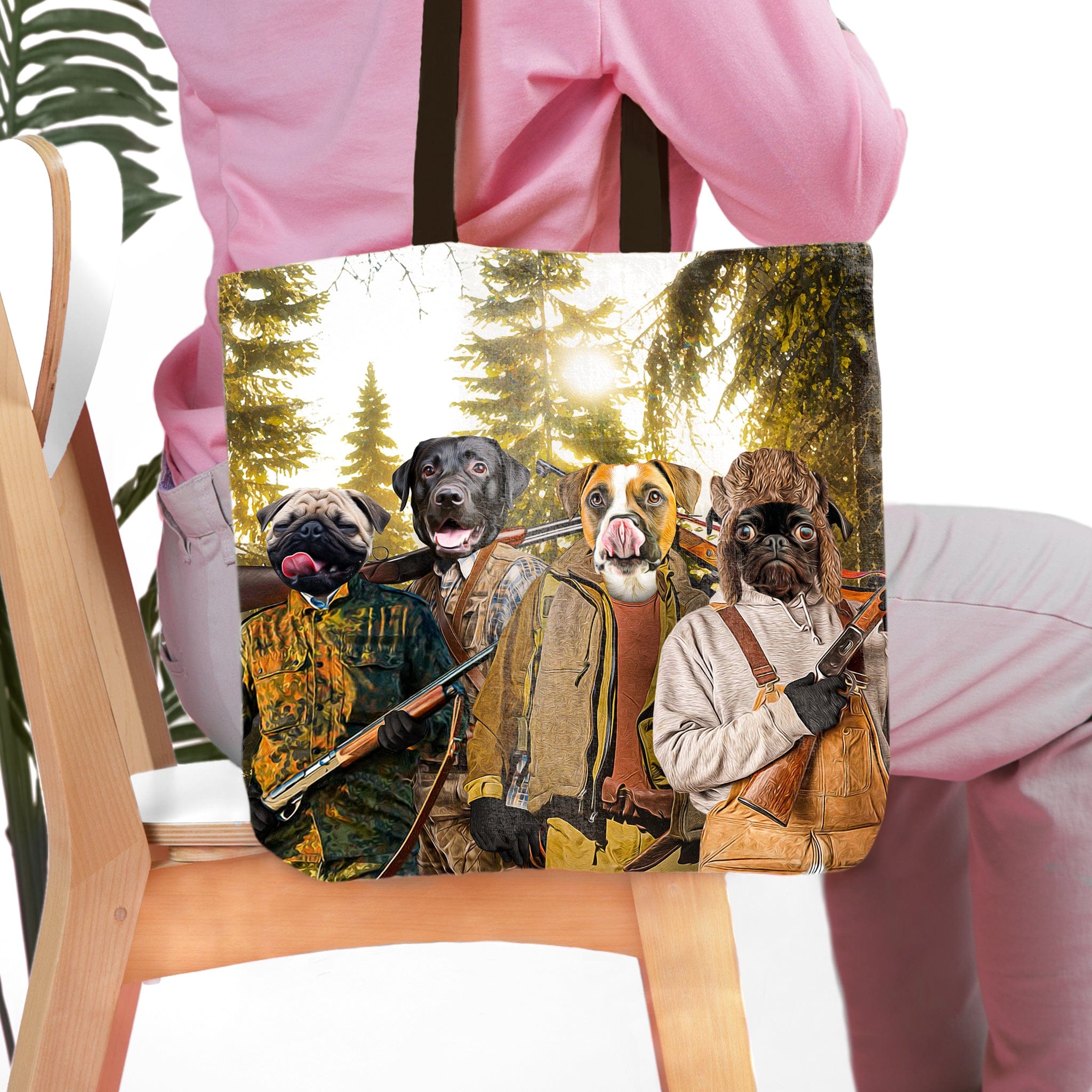 Personalized 4-pet 'The Hunters' tote bag featuring dogs in renaissance-style hunting attire.